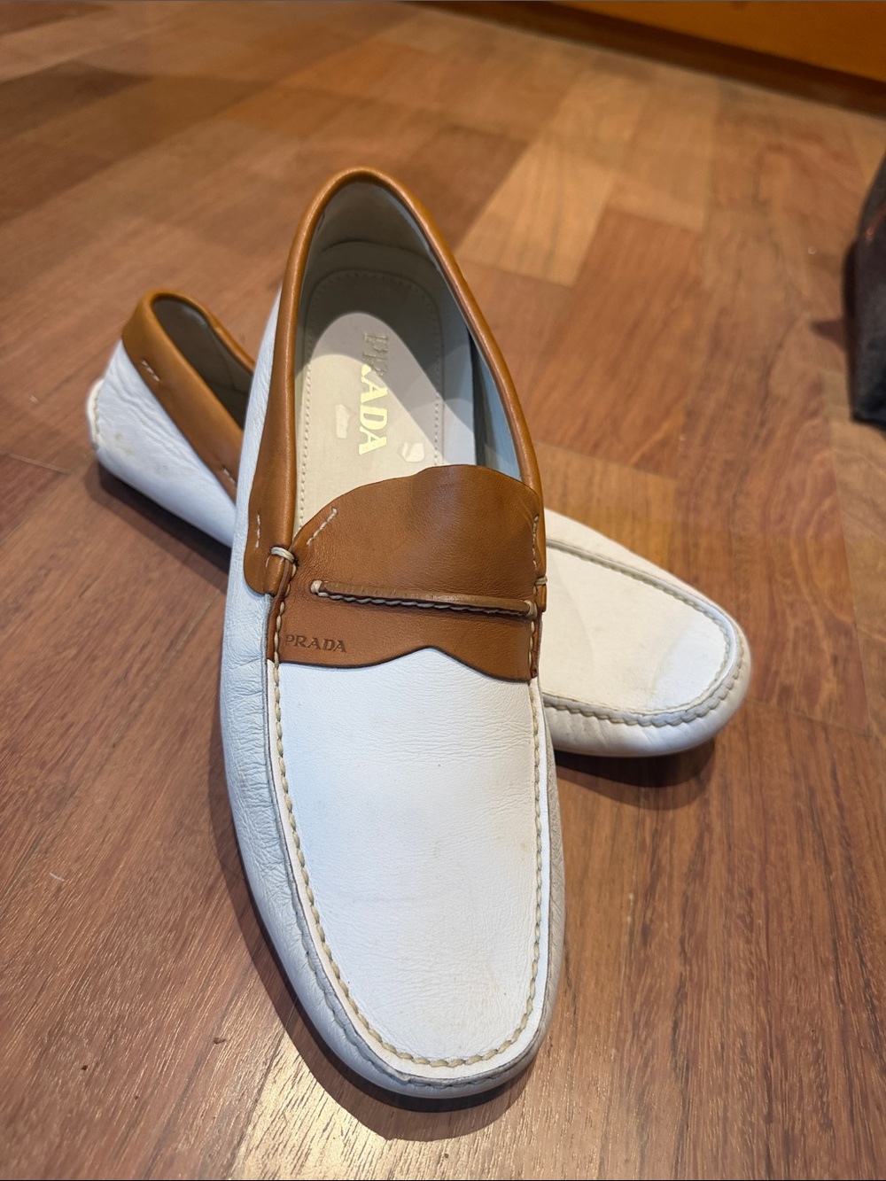 Prada White Leather Loafers with Tan Leather Saddle